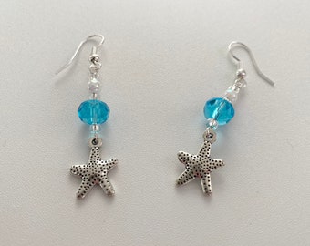 Pretty Blue Bead Dangly Star Earrings
