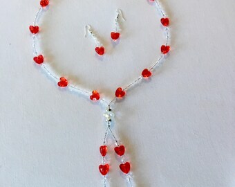 Bright red heart beaded necklace and earring set