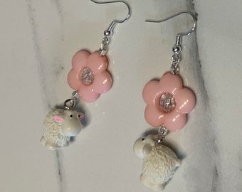 Pink Flower Lamb Earrings