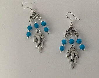 Dangly Silver and Blue Bead Earrings