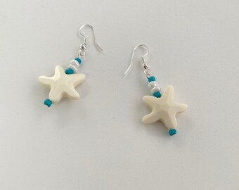 White Star Bead Dangle Earrings