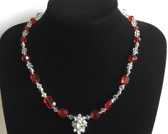 Bright red sparkle beaded choker necklace with earrings