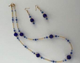 Blue Beaded Necklace and Earrings