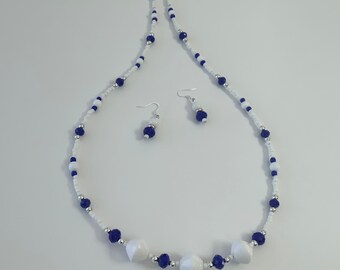 Blue and White Beaded Necklace with Earrings