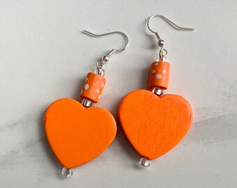 Bright Orange Wooden Heart Dangle Earrings