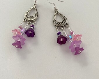 Purple Dangly Flower Earrings