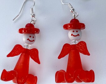 Little Red Lady Bead Dangly Earrings