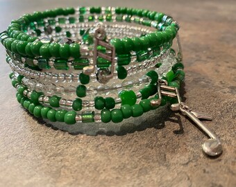 Bright Green Bead Music Charm Memory Bracelet