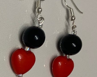 Bright Red and Black Heart Dangly Earrings