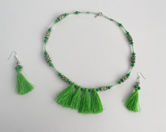 Bright Green Tassel Necklace and Earrings