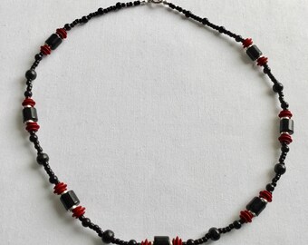 Black and deep red beaded necklace