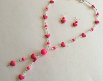 Bright pink heart necklace and earring set