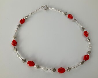 Red and Antique Silver Bead Necklace