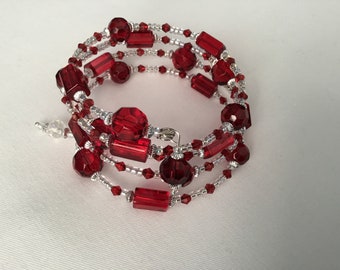 Bright red bead memory wire bracelet