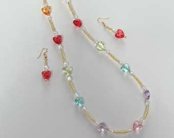 Heart Bead Necklace and Earrings