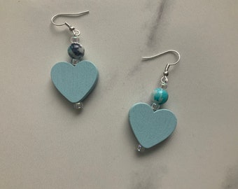 Chunky Blue Wooden Heart Bead Earrings
