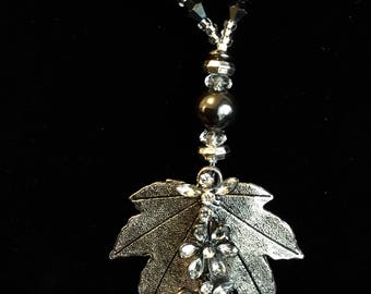 Silver leaf pendant  grey beaded necklace