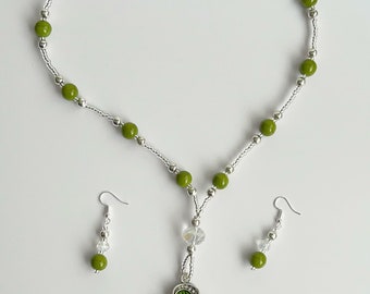 Large Green Flower Pendant Necklace and Earrings