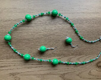 Bright Green Beaded Necklace and Earrings