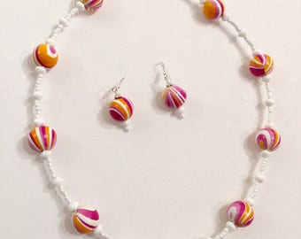 Pink, orange and white beaded necklace with earrings