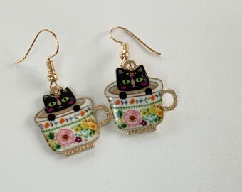 Cat in a Tea-Cup Charm Earrings