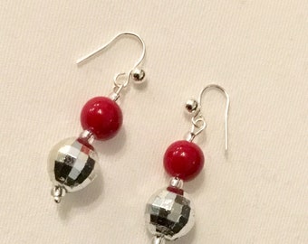 Bright red and disco ball earrings
