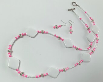 Pretty long white with Pink Beaded Necklace with Earrings
