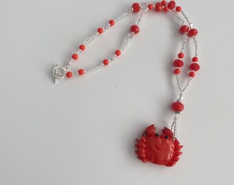 Bright Orange Crab Necklace