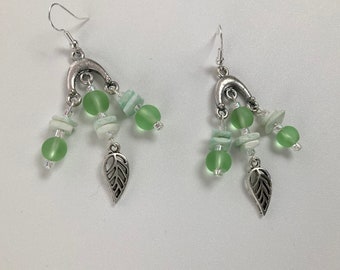 Green Bead, Silver Leaf Earrings