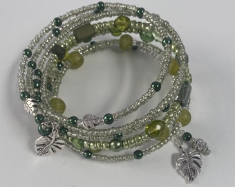 Pretty Green Bead Silver Leaf Memory Bracelet