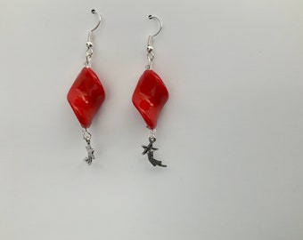 Bright Red Bead Shooting Star Dangly Earrings