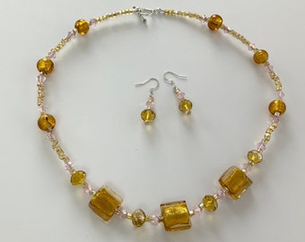 Glass Yellow and Pink Necklace and Earrings