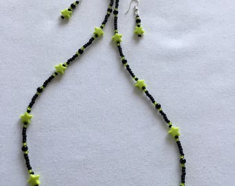 Lime green star bead necklace and earrings