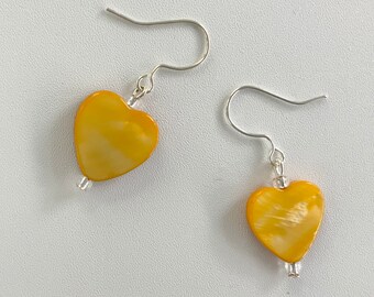 Bright Yellow Shell Heart Bead Dangly Earrings