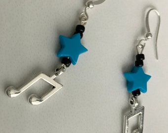 Blue Bead Music Note Dangle Earrings