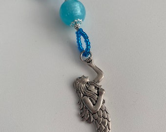Blue Bead Necklace Mermaid Pendant and Earrings