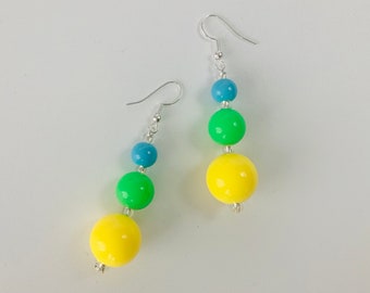 Bright Yellow, Blue and Green Bead Earrings