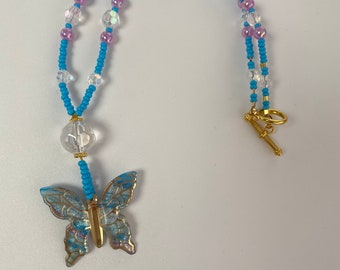 Blue Bead Butterfly Pendant Necklace