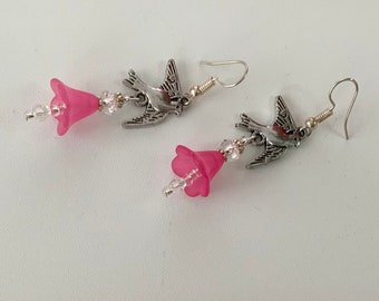 Bird and Pink Flower Dangle Earrings