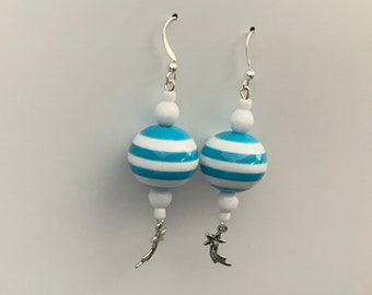 Blue and White Striped Dangle Earrings