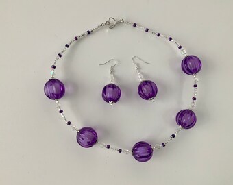 Chunky Purple Bead Choker Necklace and Earrings