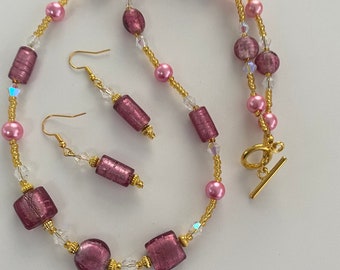 Pink Beaded Necklace and Earrings