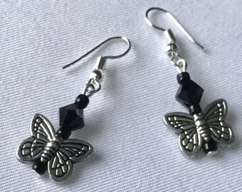 Black bead butterfly dangle earrings