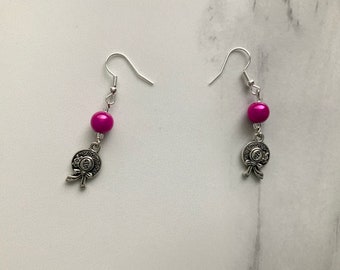 Pink Bead Silver Bonnet Charm Earrings