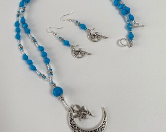 Bright Blue Bead Moon Fairy Necklace and Earrings
