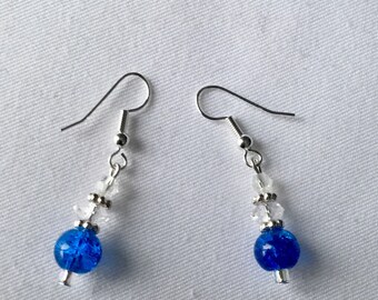 Blue crackle bead dangle earrings