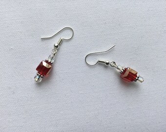 Shiny red glass cube bead earrings