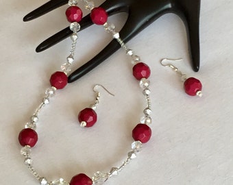 Pink and crystal bead necklace with matching earrings