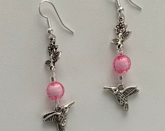 Pink Bead Dangly Bird Charm Earrings