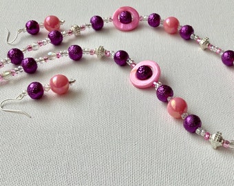 Purple and pink Beaded Necklace with Earrings